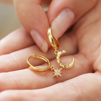 Crescent Moon And Star Huggie Hoops In Gold Plating, 3 of 8