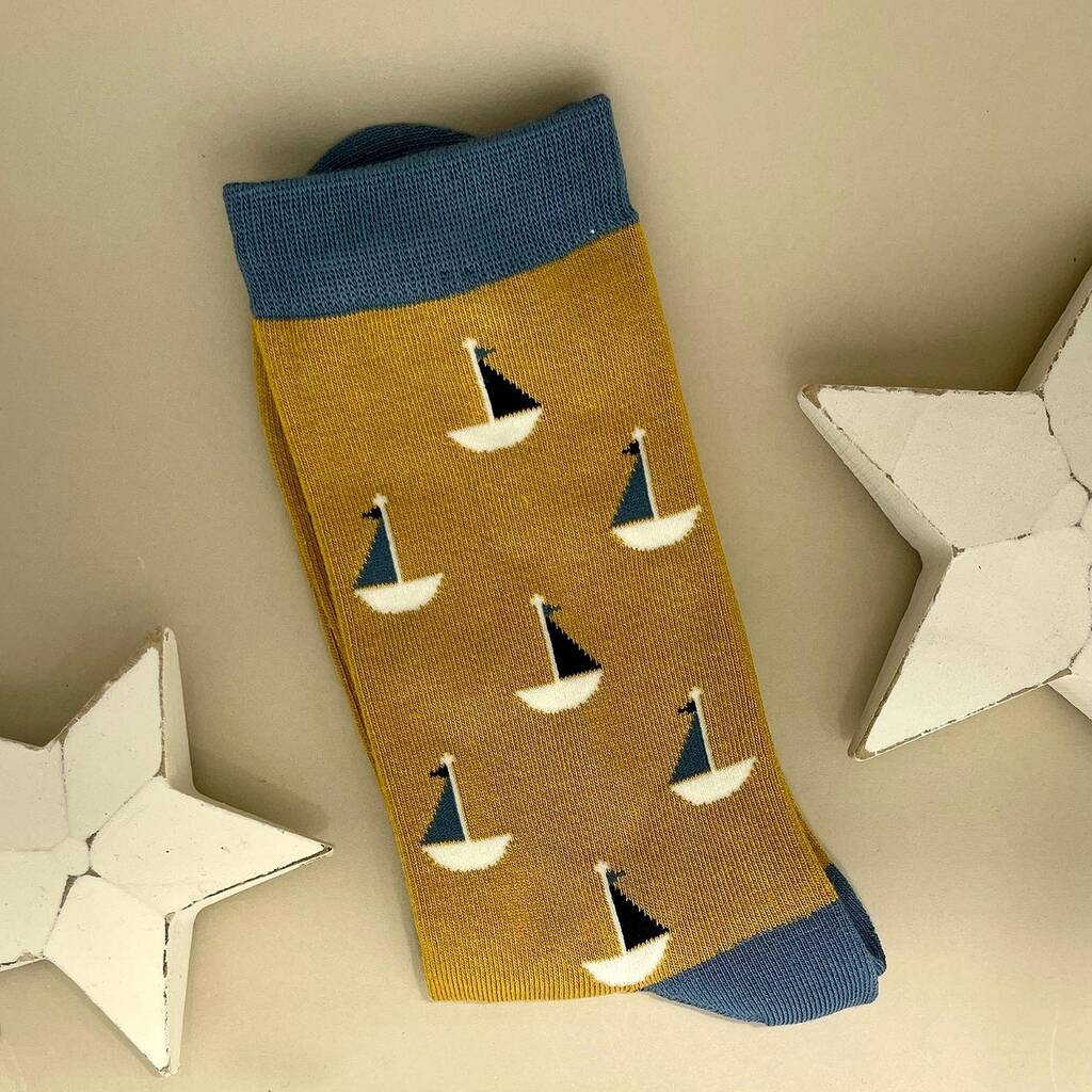 Men's Bamboo Little Boats Socks In Mustard By Nest Gifts