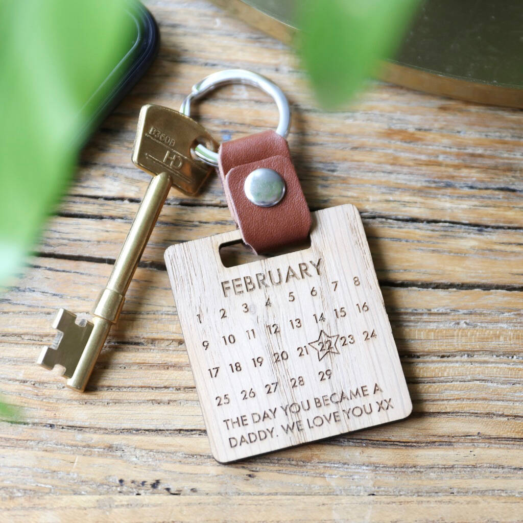 Image of Personalised Wooden Calendar And Leather Strap Keyring
