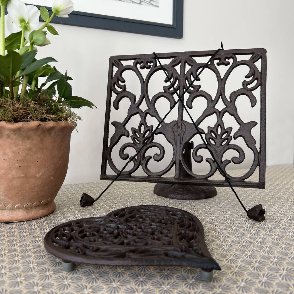 Cast Iron Recipe Book Stand And Heart Trivet Set, 1 of 10