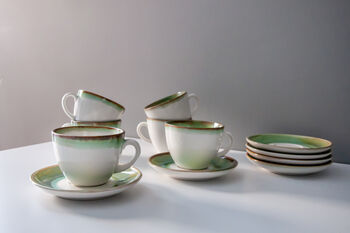 Green Set Of Six Handmade Porcelain Tea Cup With Saucer, 9 of 12