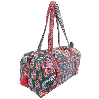 Block Printed Pine Green, Red And Mustard Floral Quilted Duffle Bag, 5 of 9