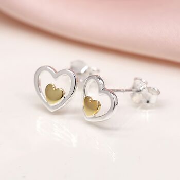 Sterling Silver Double Heart Stud Earrings, 2 of 11