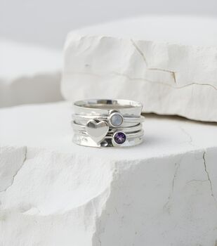 Hammered Sterling Silver Spinner Ring With Amethyst And Moonstone, 2 of 4
