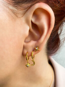 Gold Plated Delicate Engraved Moon And Star Hoops, 2 of 7