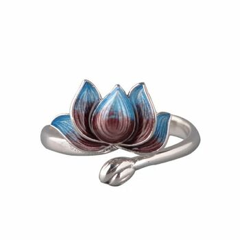 Adjustable Simple Red Blue Lotus Silver Ring For Women, 4 of 5