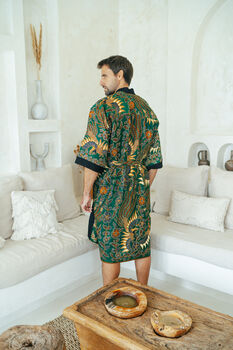 Men's Batik Kimono Robe In Green, 5 of 7