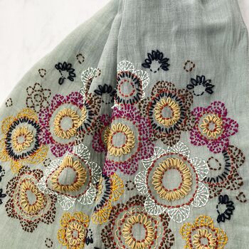 Hand Embroidered 100% Linen Scarf In Grey Floral, 4 of 5