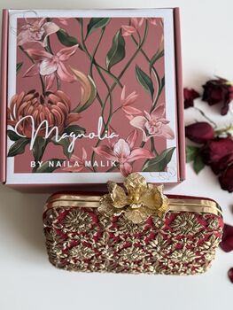 Delhi Flower Clasp Dark Red Silk Clutch | Bridal Evening Bag, 3 of 6