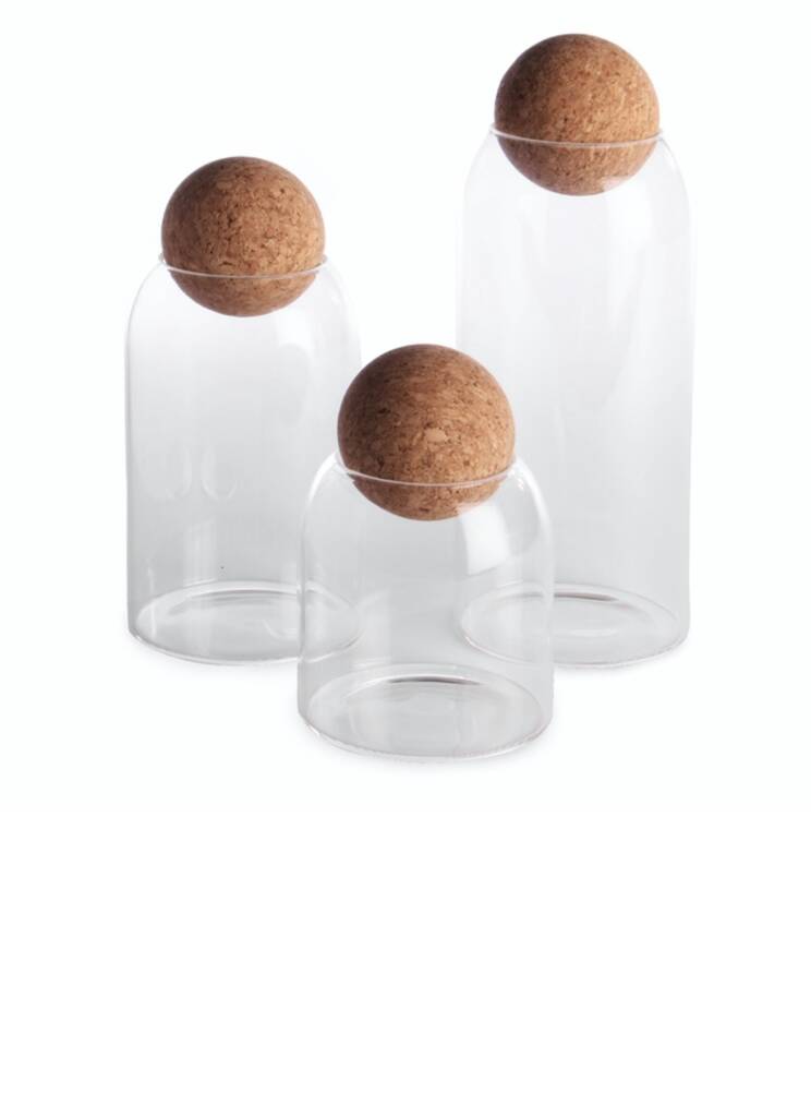 Borosilicate Glass Storage Jars With Cork Ball Lids By Bow and Blossom