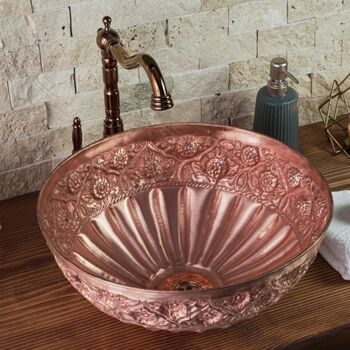Hand Engraved Copper Vanity Sink, Copper Floral Handcrafted Basin, 5 of 6