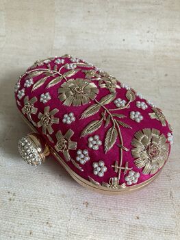 Hot Pink Raw Silk Oval Pearl Clutch Bag, 2 of 10