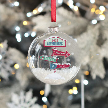 North Pole Signpost Travel Adventures Christmas Snow Filled Glass Bauble, 5 of 6