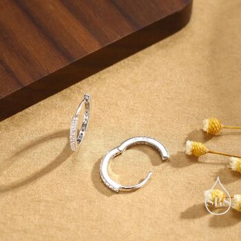 Sterling Silver Double Sided Cz Huggie Hoops, 5 of 12