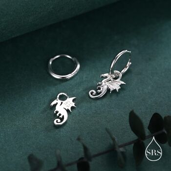 Sterling Silver Flying Dragon Huggie Hoop Earrings, 2 of 11