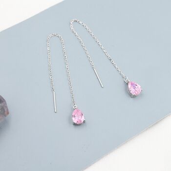 Sterling Silver Tourmaline Pink Cz Droplet Threader Earrings, 3 of 12