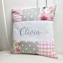 Pink And Grey Patchwork Name Cushion, thumbnail 2 of 4