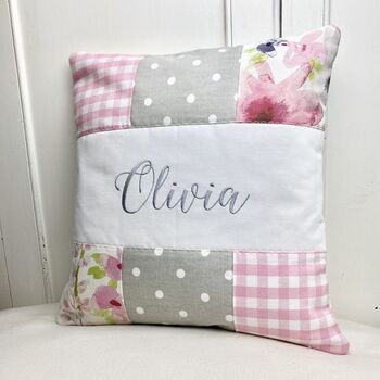 Pink And Grey Patchwork Name Cushion, 2 of 4