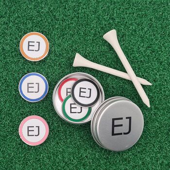 Personalised Golf Pitchmark Repairer With A Set Of Six Markers In A Presentation Tin, 2 of 8