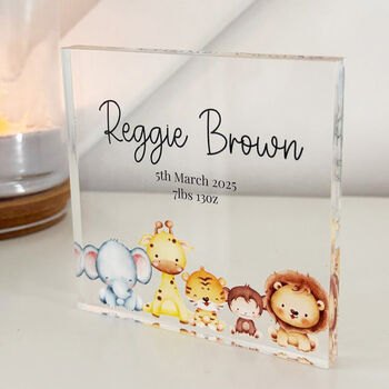 Personalised Safari Animal Acrylic Keepsake Block New Baby, 6 of 6
