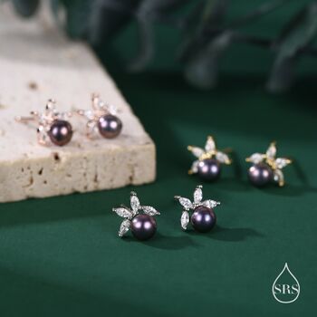 Sterling Silver Freshwater Pearl With Marquise Cz Stud Earrings, 6 of 12