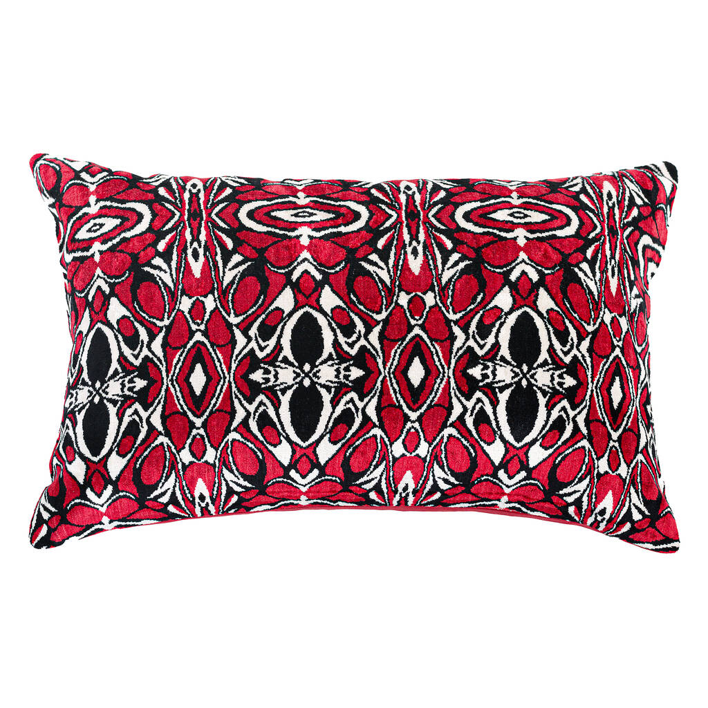 Silk Velvet IKAT Cushion Covers with Black & Red Colours | Front side is 100% Traditional Silk Ikat Velvet, Back side is Solid Colour Fabric factory