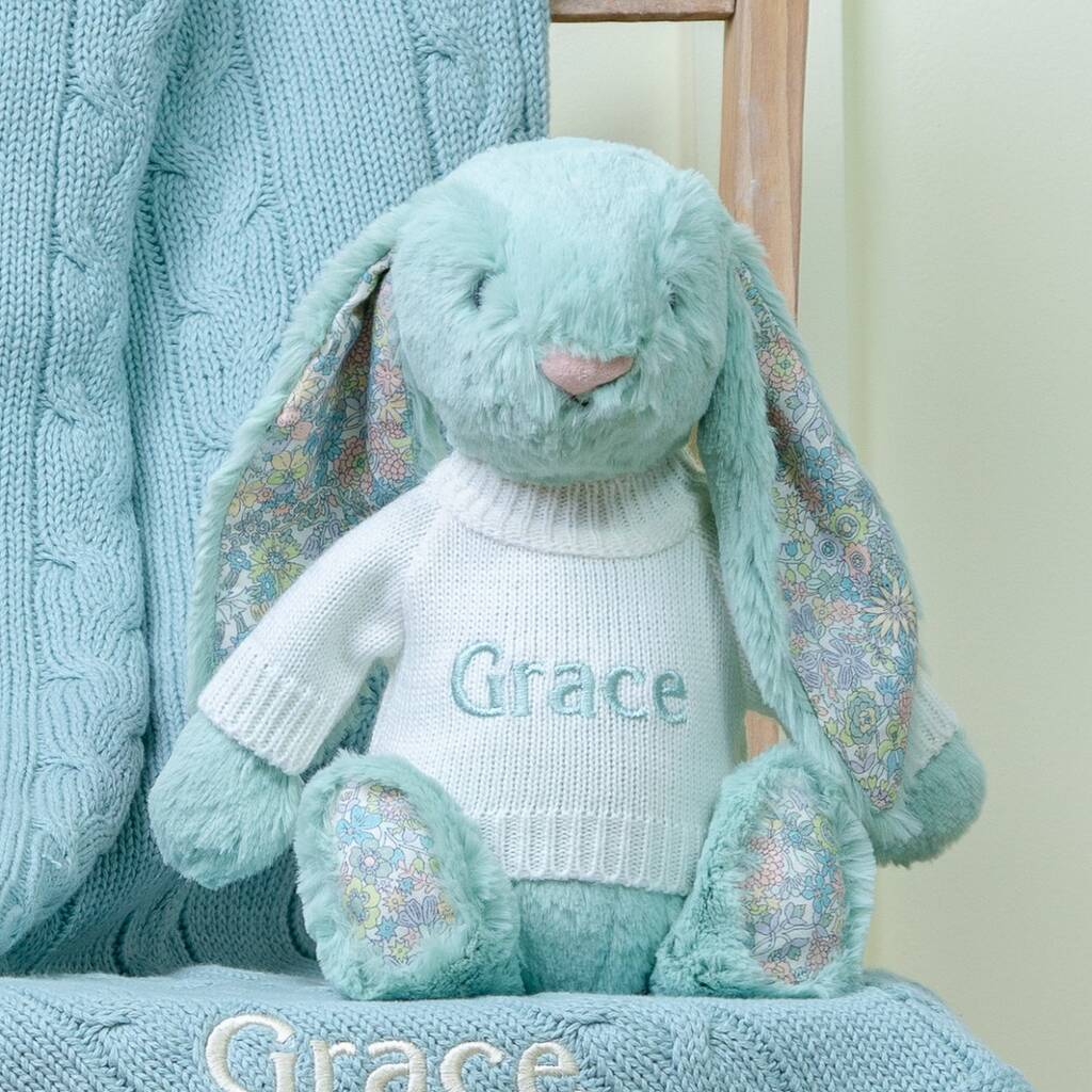 Personalised Sage Toffee Moon Blanket And Blossom Bunny, 1 of 5