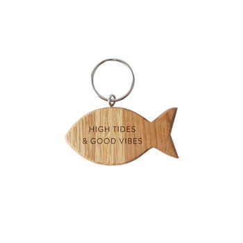 'High Tides And Good Vibes' Oak Fish Keyring, 2 of 2