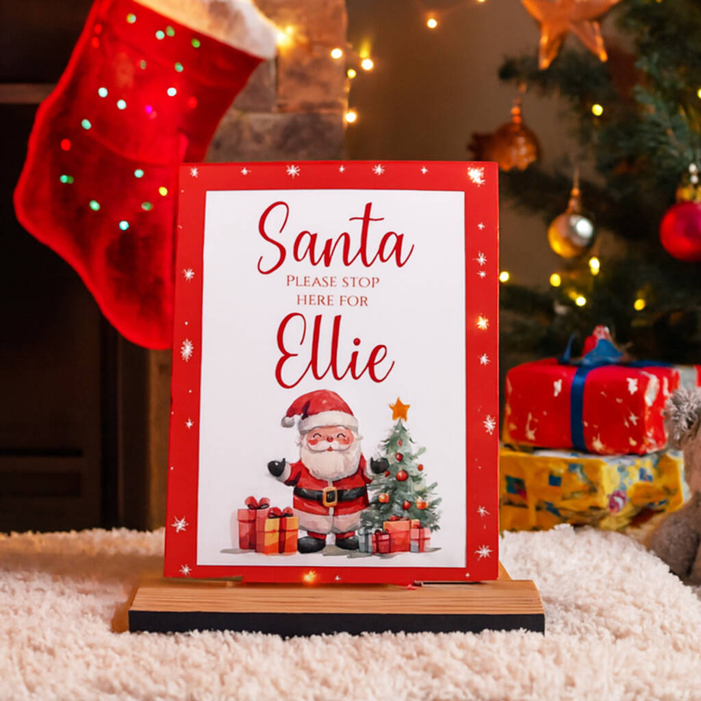 Customisable Santa Stop Here Acrylic Sign With Base Children Christmas Eve, 1 of 5