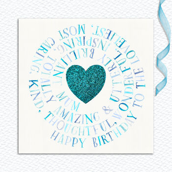 Mum Birthday Card Turquoise Sparkle Heart, 4 of 5