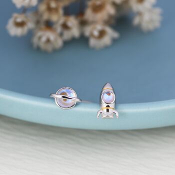 Mismatched Rocket And Planet Stud Earrings In Sterling Silver, 6 of 11
