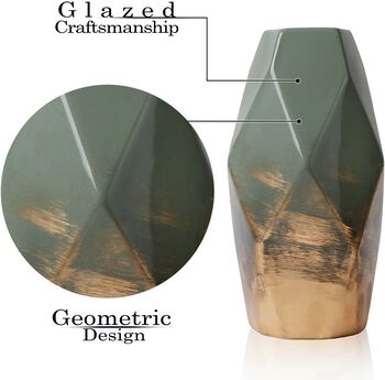 Modern Ceramic Vase Pottery Green Gold Geometric 20cm, 3 of 5