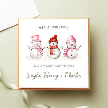 Personalised Snowman Triplets Boys And Girl Christmas Card, 3 of 5