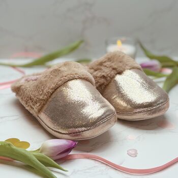 Fluffy Faux Fur Slippers For Her – Silver Or Gold Sparkly Cosy Slippers, 3 of 12
