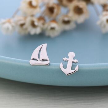 Sterling Silver Mismatched Sailing Boat And Anchor Stud Earrings, 4 of 11