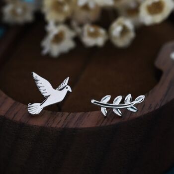 Sterling Silver Dove And Olive Branch Stud Earrings, 2 of 10