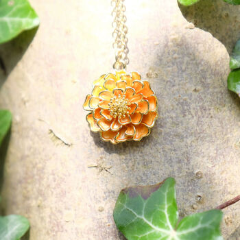 Marigold Orange Flower Pendant Necklace, Gold Tone, 2 of 5
