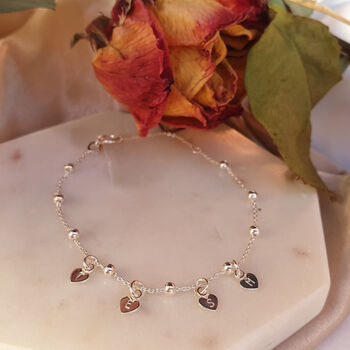 Sterling Silver Personalised Heart Charm Initials Satellite Chain Anklet, 2 of 7