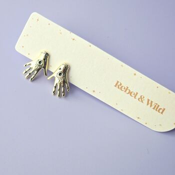 Mystic Hand Stud Earrings With Evil Eye Detail, 4 of 5