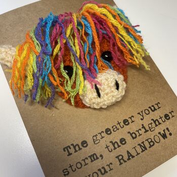 Rainbow Highland Cow Crochet Positivity Card Handmade Storm, 4 of 9
