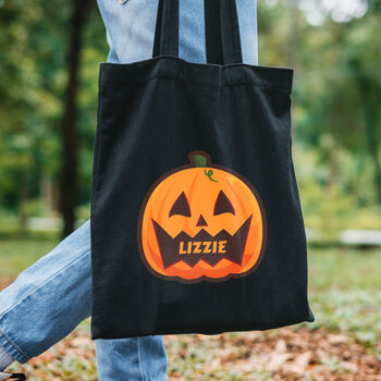 Personalised Pumpkin Halloween Treats Black Tote Bag, 3 of 3
