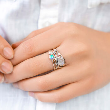 Molten Sterling Silver Moonstone And Blue Opal Ring, 5 of 8