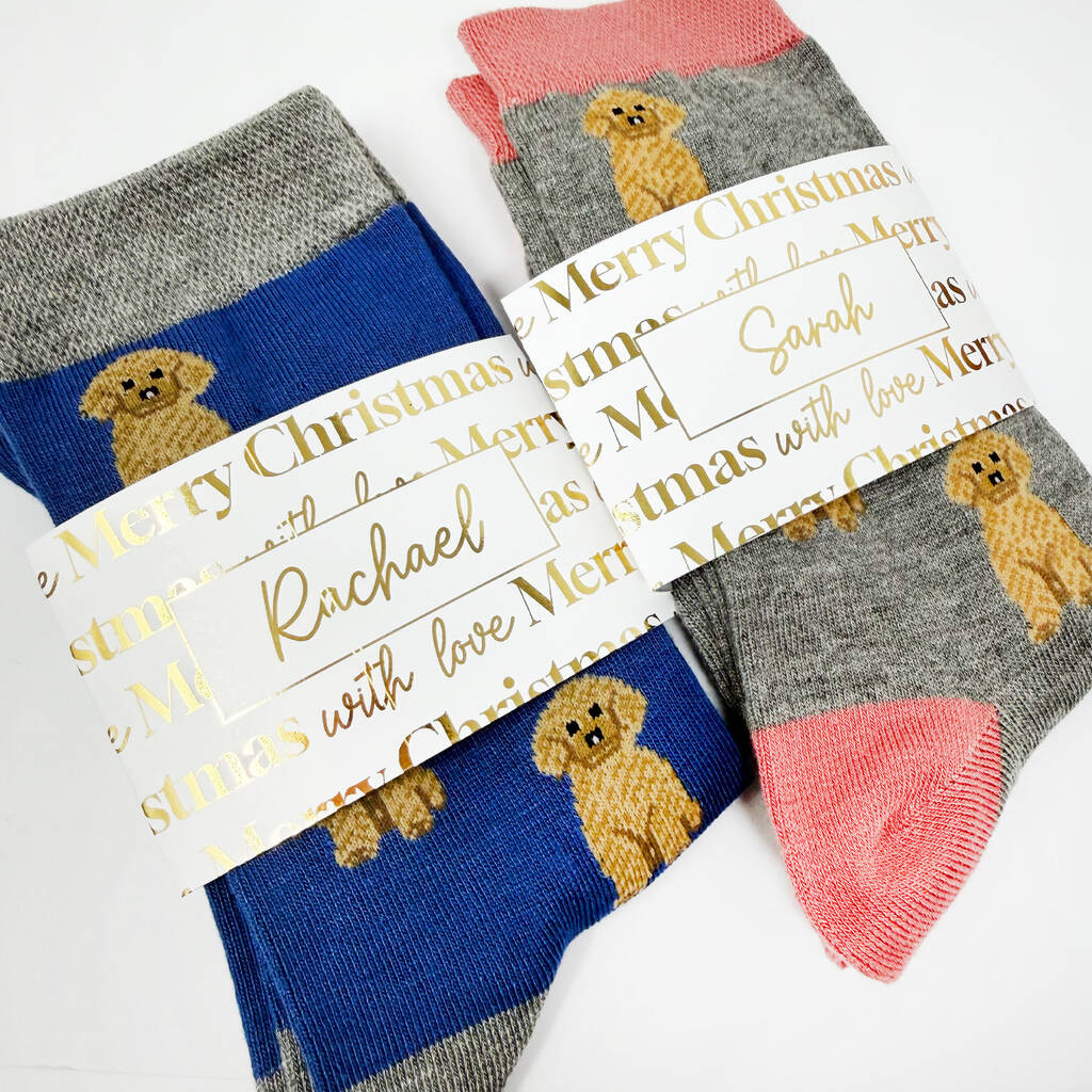 Personalised Christmas Cavapoo Bamboo Socks With Gold Foil Label, 1 of 9