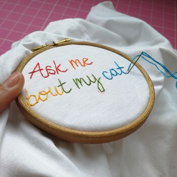 'Ask Me About My Cat' Hand Embroidered T Shirt, 2 of 8