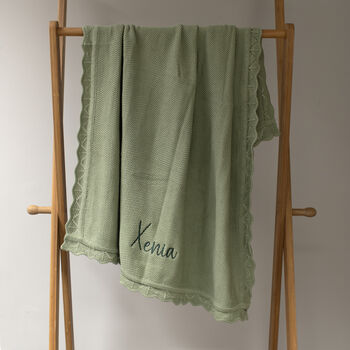 Personalised Knitted Baby Blanket Sage Green, 4 of 9