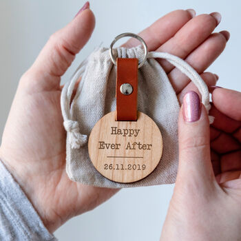 Personalised 'Happily Ever After' Wood Keyring For Her, 2 of 4
