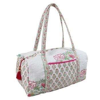 Block Printed Pink And Mint Floral Bird Quilted Duffle Bag, 7 of 9