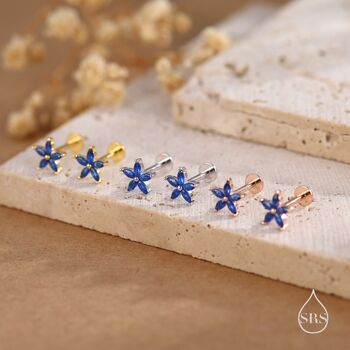 Sterling Silver Blue Cz Flower Internally Threaded Flat Back Earrings, 3 of 11