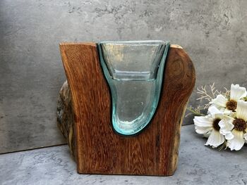 18cm Molten Glass Wedge Vase On Teak Root Flower Holder, 11 of 12
