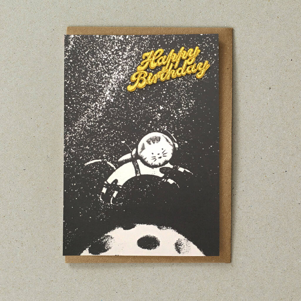 Space Cat Embroidered Happy Birthday Greeting Card By Petra boase Ltd